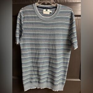 Topman Men’s Size Large Short Sleeve Sweater Horizontal Stripes Shades of Blue